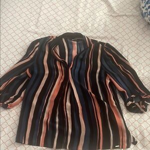 DKNY Black and Orange Boxy Blouse with Mandarin Collar